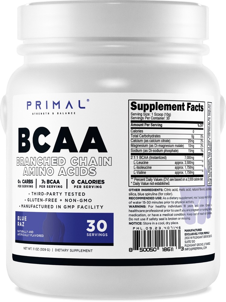 Primal BCAA Powder Blue Raz (30 SERV) (Blue Raspberry Flavored) – 0 g Carbs