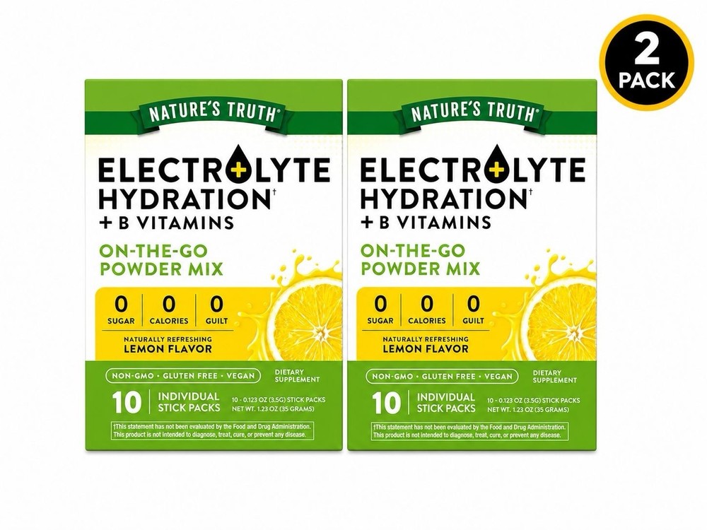 (2 Pack) Nature’s Truth Electrolyte Hydration + B Vit. Lemon 10pk Ea. Exp:07-27+