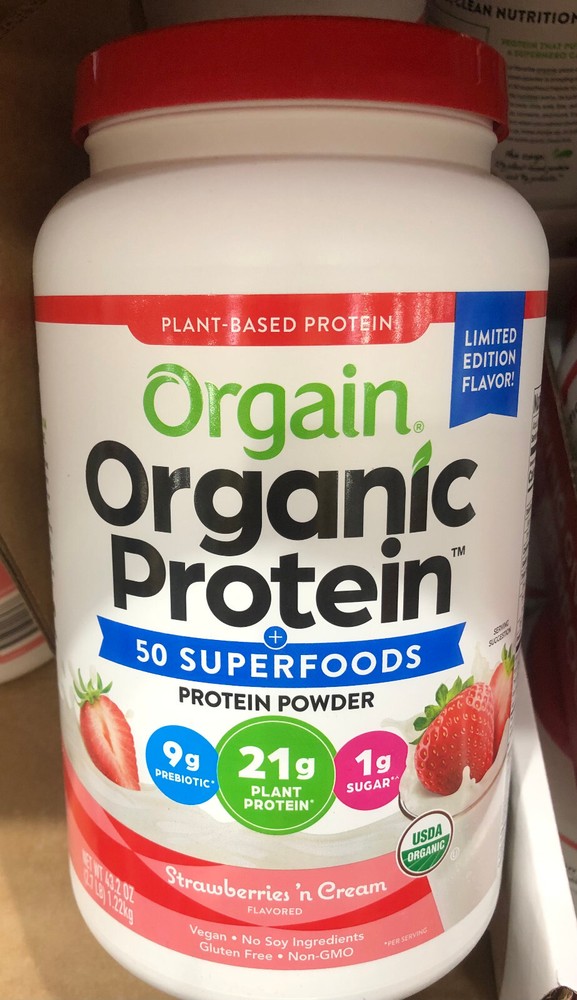 Orgain Organic Plant Based Protein, Superfoods, Probiotics, 2.70lb, Cho/Van/Strw