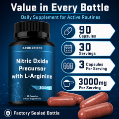 BASIC GREENS L-Arginine 3000mg Nitric Oxide Supplement Beet Root Vegan 90 Caps