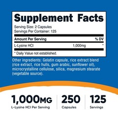 Nutricost L-Lysine 1000mg, 250 Capsules – Gluten Free, Non-GMO, 500mg Per Cap