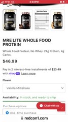 Redcon1 Mre Lite Vanilla Milkshake Protein Power Drink Mix 33.33 Oz Bodybuilder