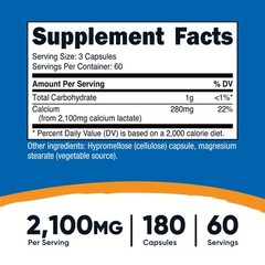 Nutricost Calcium Lactate, 180 Capsules, 60 Servings, 2100mg Calcium Lactate