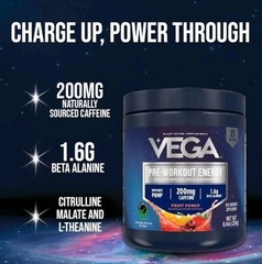 Vega Pre-Workout – 200mg Caffeine, Energy & Focus, Fruit Punch, 25 Servings,…