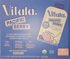 Vitala Organic Protein Smoothie Pouches Kids & Adults DHA Omega-3 (10 CT) Berry