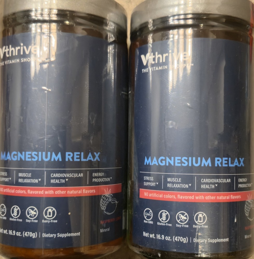 (2)Vthrive MAGNESIUM RELAX Powder 1.1 lb X 2 (200 Ser) Rasp Lemon BEST BY 05/26