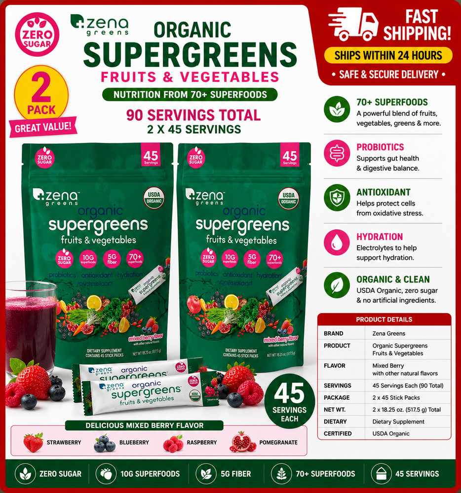2 Pack Zena USDA Organic Supergreen Fruits & Vegetables Powder, 45 Stick Packets
