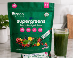 2 Pack Zena USDA Organic Supergreen Fruits & Vegetables Powder, 45 Stick Packets