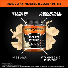 Body Fortress 100% Isolate Protein Powder, Vanilla, 1.5 lb, 60g Protein
