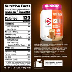 Dymatize ISO100 Hydrolyzed Whey Isolate, Dunkin’ Cappuccino, 20 Servings
