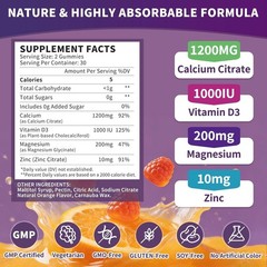 Calcium Citrate 1200 mg Gummies with Vitamin D3 Magnesium Zinc for Women Men