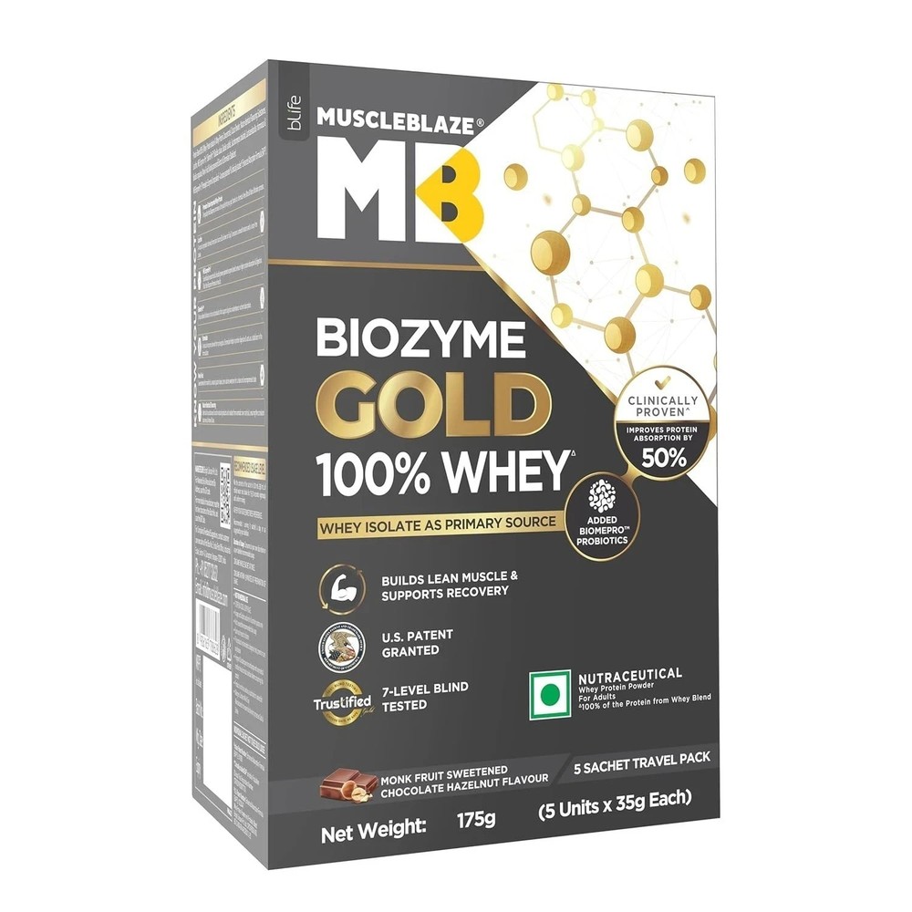MuscleBlaze Biozyme Gold 100% Whey Protein Powder Sweetened Chocolate 5x35g