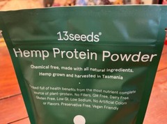 13 seeds Tasmanian hemp protein powder. Non GM, no chemicals, vegan. 7 servings