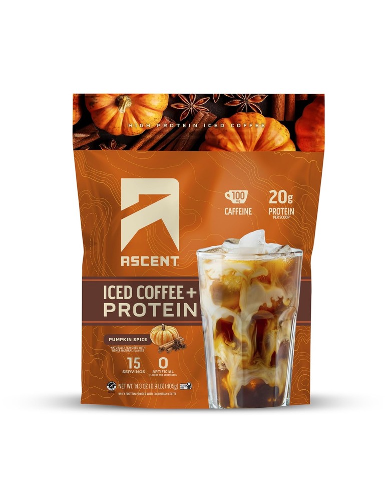 Ascent Iced Coffee Protein Powder, 20g Protein, 100mg Caffeine, Pumpkin Spice