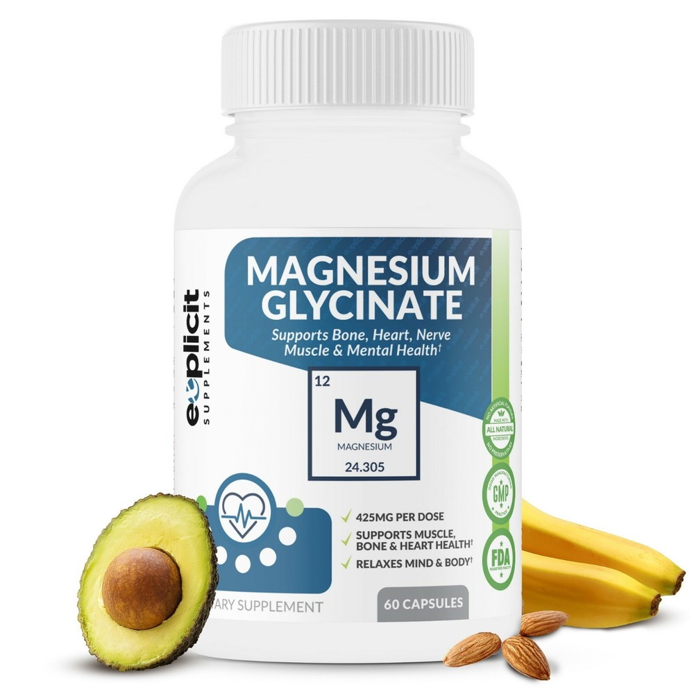 Pure Magnesium Glycinate 425mg, 100% Chelated, 60 Capsules – USA Made – 1 Month