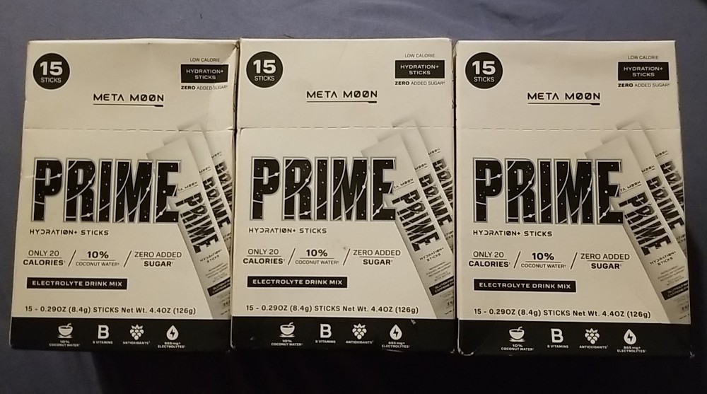 EXP 6/26 – Lot Of 3 NEW Boxes Prime Hydration Sticks Meta Moon 15 Per Box 0.29oz