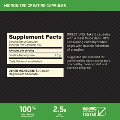 Creatine Monohydrate Capsules 2500mg 200 Count Keto Friendly Optimum Nutrition