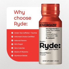 Ryde: Energy Shot, 0 Calories, 0 Sugar, Green Tea 2 Fl Oz (Pack of 24)