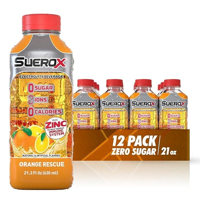 SueroX Orange Rescue Electrolyte Drink 8 Ions for Hydration 21.3 Oz (12 Count)