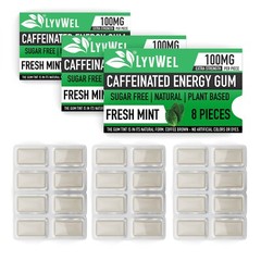 LyvWel Energy Focus Fresh Mint Flavor Gum 3 Packs 100mg Caffeine Pre Workout