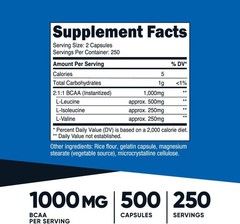 BCAA 1000Mg, 500 Capsules (250 Serv), 2:1:1 Branched Chain Amino Acids (500Mg…