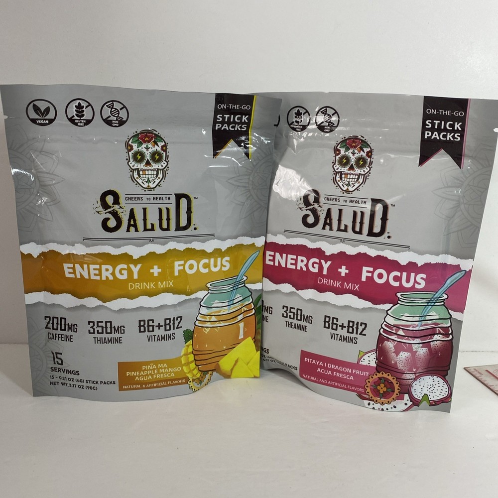 Salud Energy + Focus Powder Stick Packs Pineapple Mango Dragon Fruit 30 Servings