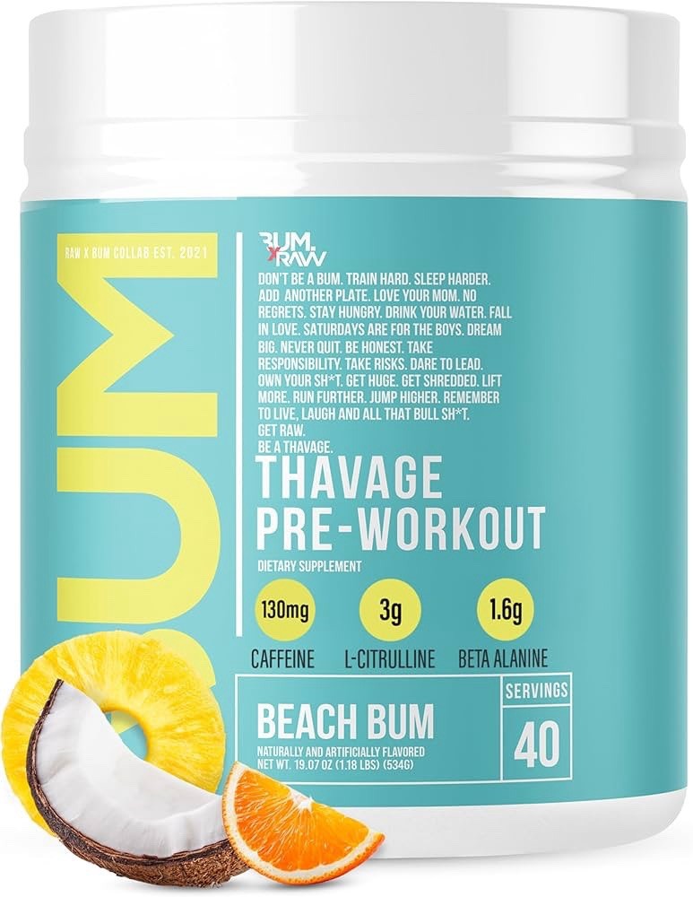 RAW Pre Workout Powder Thavage Beach Bum Sports Nutrition Supplement 40 Servings