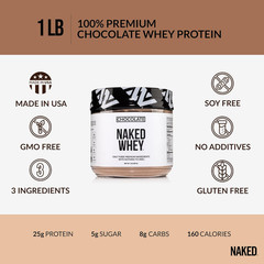 NAKED Chocolate Whey Protein Powder 1Lb | Grass Fed, Organic Cacao, Gluten Free