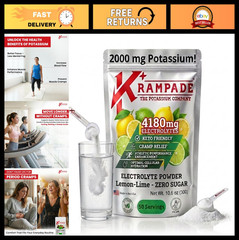 High Potassium Electrolyte Powder – Zero Sugar Lemon Lime, 4180mg, Cramp Relief,