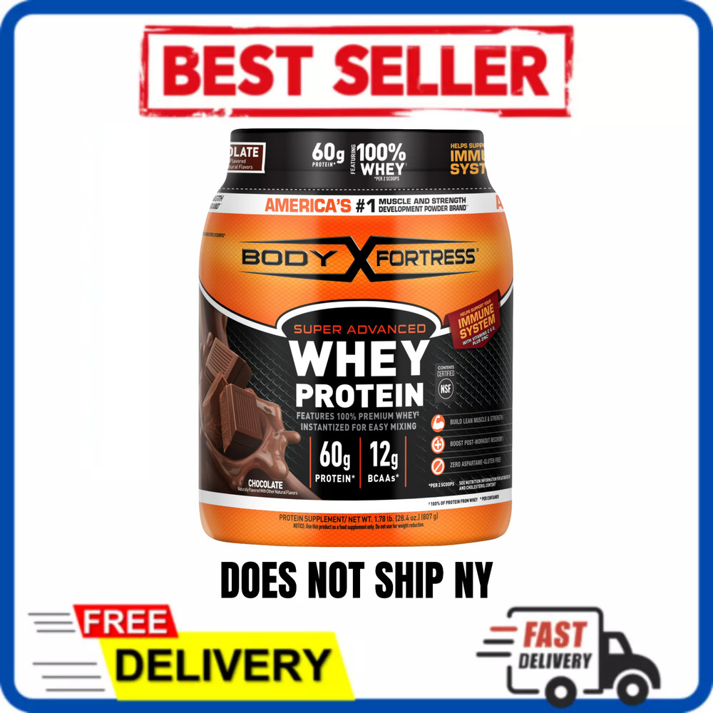 Body Fortress 100% Premium Whey Protein Powder Chocolate Immune Support 1.74 lbs