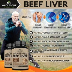 Wholesome Wellness Grass Fed Desiccated Beef Liver Capsules (180 Pills, 750mg Ea