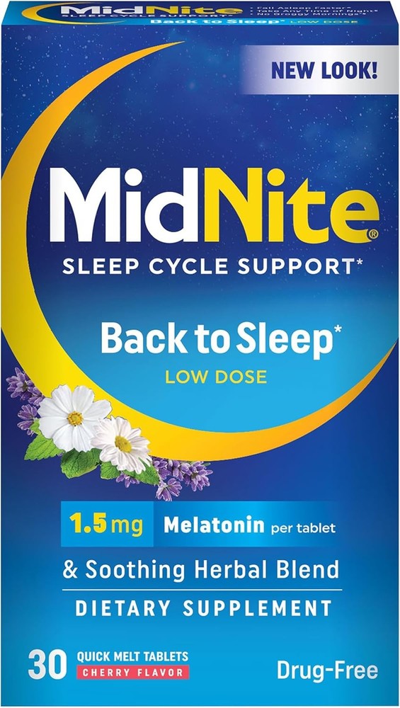MidNite Back to Sleep Low Dose, 1.5 mg Melatonin Sleep Aid, 30 Quick Melt Tablet
