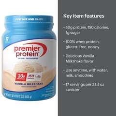 Premier Protein 100% Whey Protein Powder Vanilla Milkshake GF 23.3 oz 17 Serv