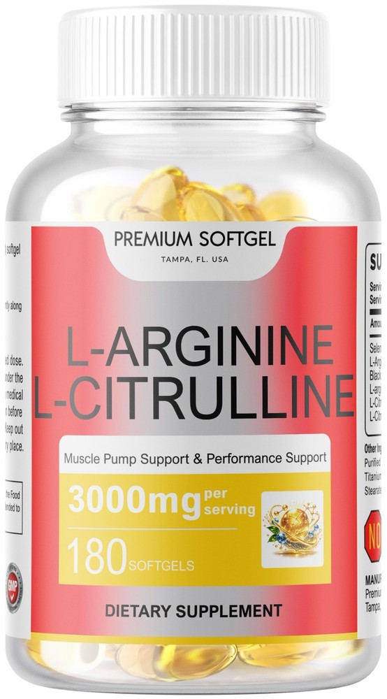 L-Arginine L-Citrulline Nitric Oxide Booster 3000mg 180 Softgels 90 Servings USA