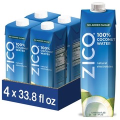 100% Pure Coconut Water, No Added Sugar, Electrolyte Hydration, 33.8 Fl Oz, 4-Pa