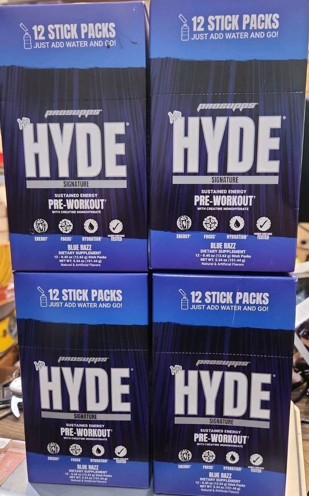 (4) Boxes MR Hyde Signature Pre-Workout, 48 Sticks Blue Razz Flavor EXP 7/26