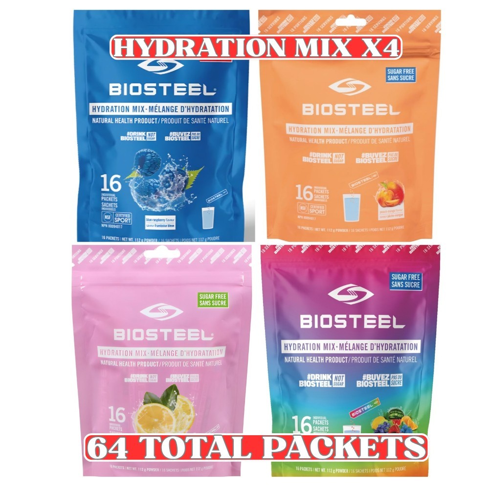 BioSteel Hydration Mix 4-Pack Variety 64 Packets Sugar Free Electrolytes