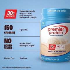 Premier Protein 100% Whey Protein Powder Vanilla Milkshake GF 23.3 oz 17 Serv