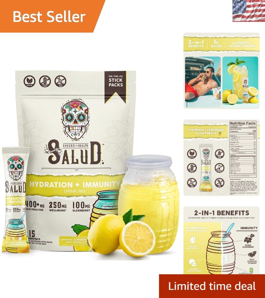 Salud 2-in-1 Hydration Packets: Lemonade Electrolyte Drink Mix with Elderberry