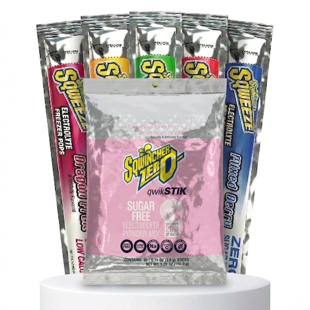 Sqwincher Bundle: (50) Strawberry Lemonade Zero Qwik Stiks (20oz Yield) &…