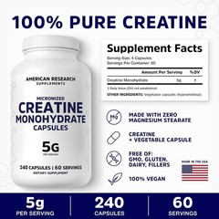Creatine Monohydrate 5g Capsules 240 Count Vegan