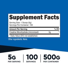 Creatine Monohydrate Micronized Powder 500G 5000mg Per Serv (5g) 100 Servings