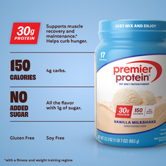 Premier Protein 100% Whey Protein Powder, Vanilla Milkshake, 30g Protein, 17 ser