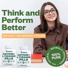 Purisure Caffeine Theanine Capsules, 100mg Caffeine + 200mg L-Theanine, 120 Days