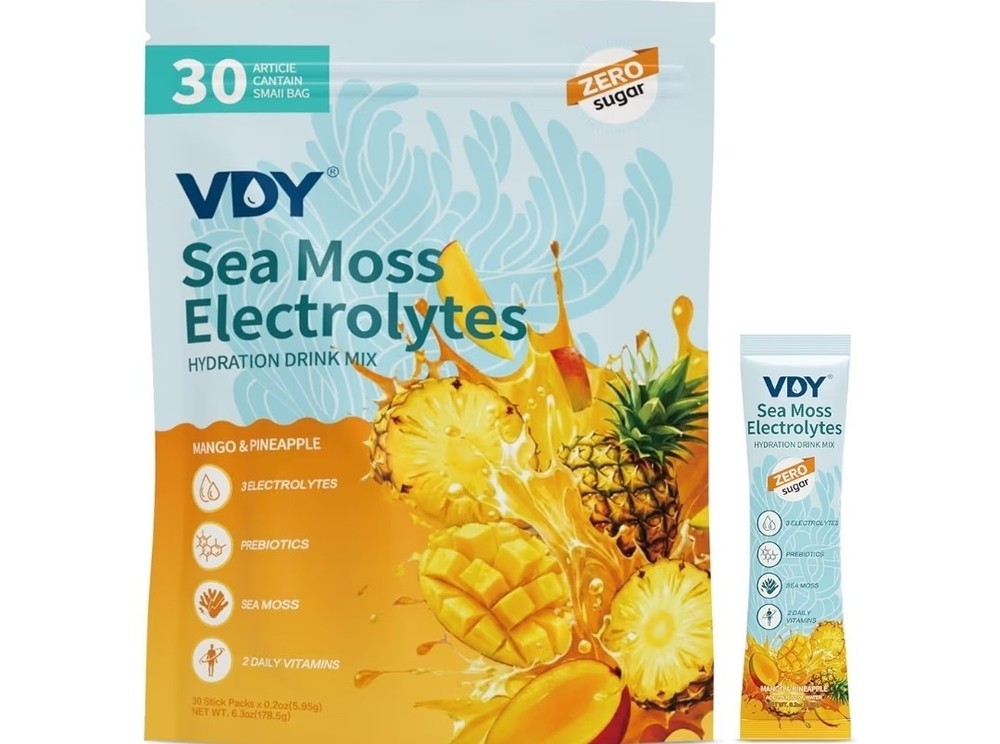 VDY Sea Moss Electrolytes Hydration Drink Mix Sugar-Free Mango & Pineapple 30ct