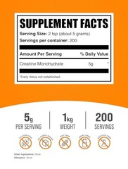 Creatine Monohydrate Powder 1kg Micronized Pure Unflavored 5g