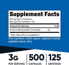 Nutricost Creatine Monohydrate 3g, 500 Capsules (750mg Per Capsule)