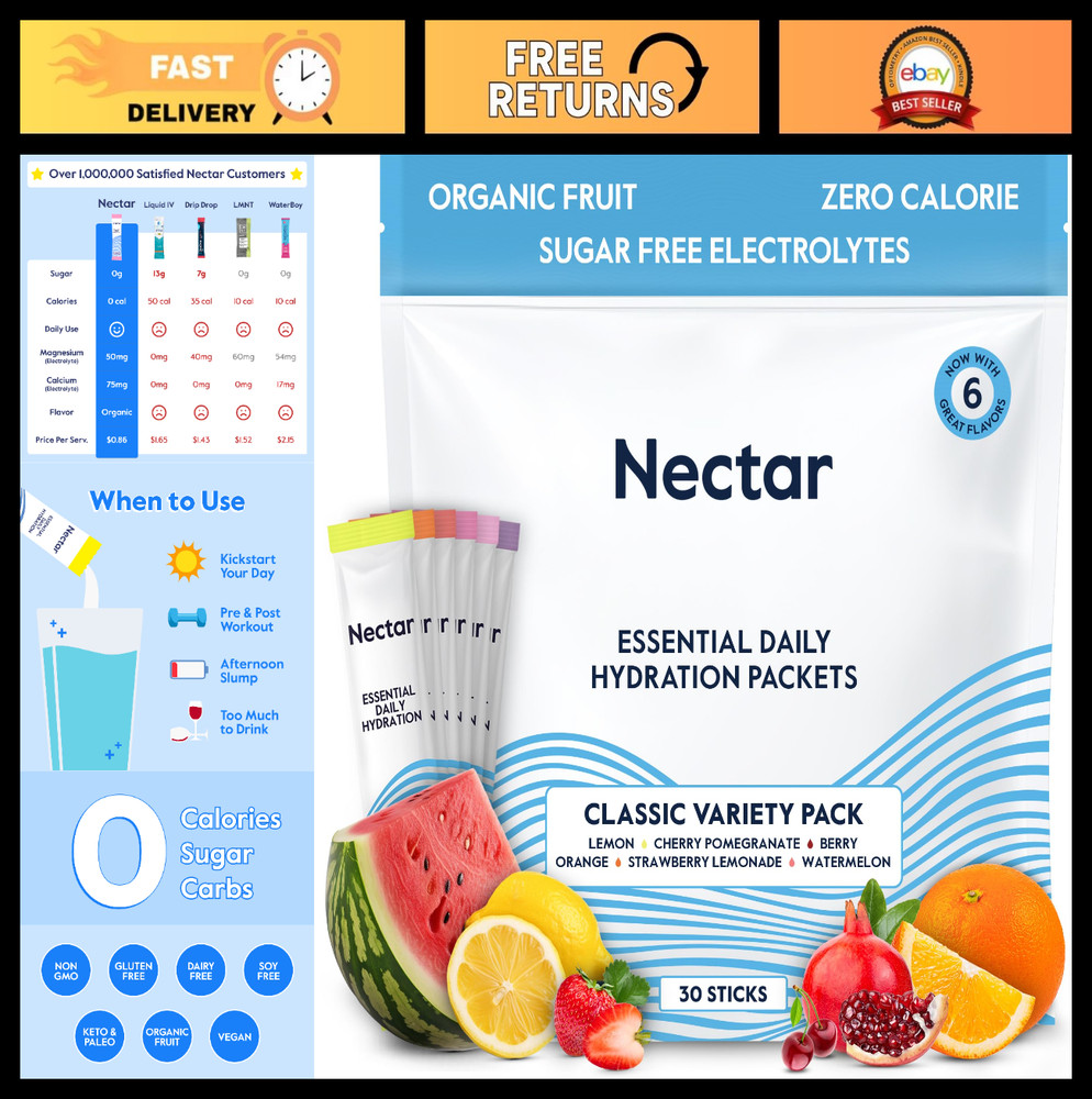 Electrolyte Hydration Packets – Sugar-Free, 0 Cal, Organic Fruit – 30 Pack for D