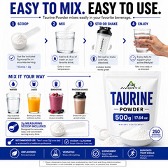 AVORYX Taurine Powder 500g (17.64 oz) Unflavored 100% Pure 2g Scoop Included