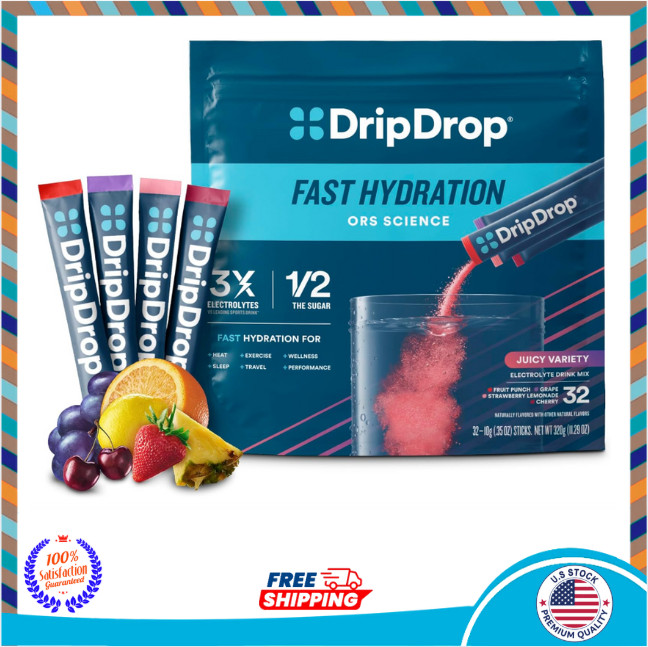DripDrop Hydration Powder Packets, Electrolyte Drink Mix, Juicy Variety, 32 Stic